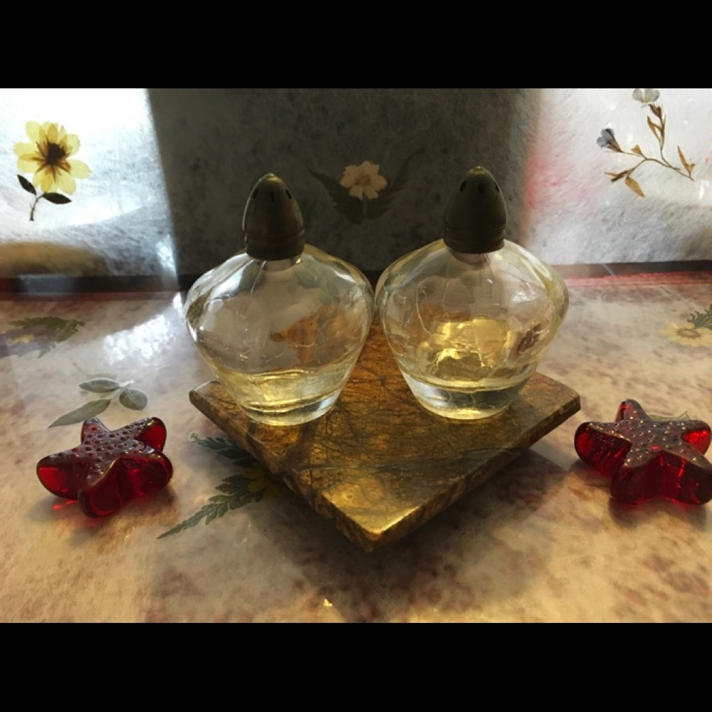 Vintage Salt & Pepper Shakers with Crackle Glass & brass Tops